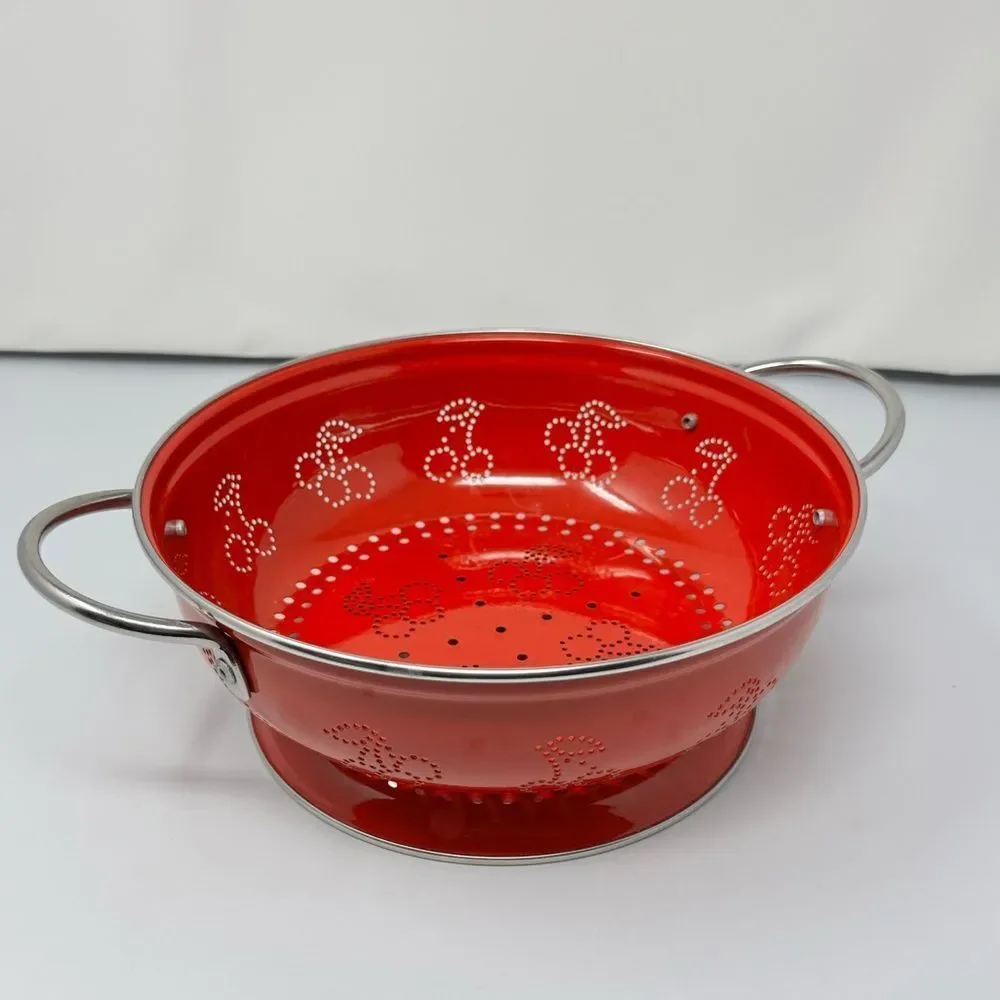 Red Enamel Colander Stainless Steel Strainer Cherry Design Holes Farmhouse